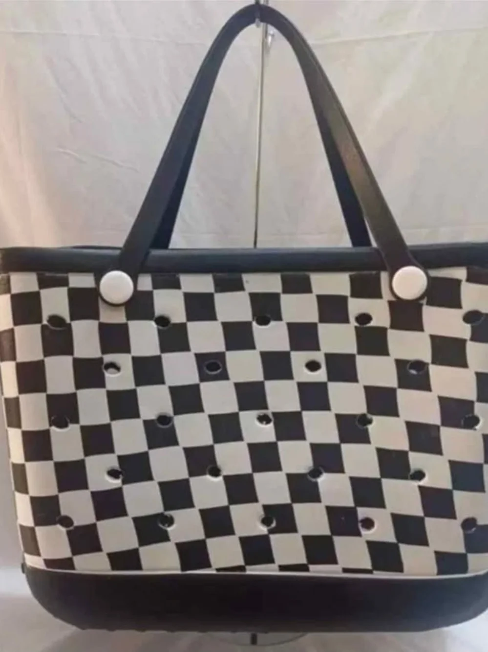 Black and White Checkered Tote Bag with Black Trim